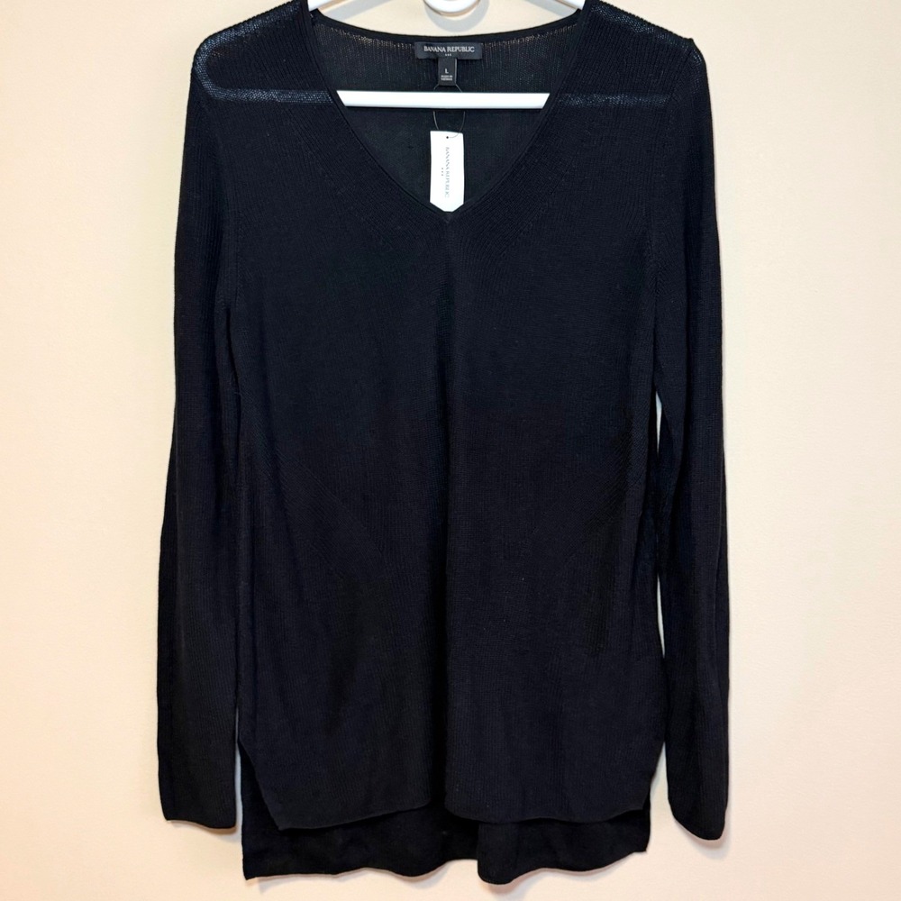 Banana Republic V-Neck Rib Knit Tunic Sweater Side Slit L Black NWT Minimalist